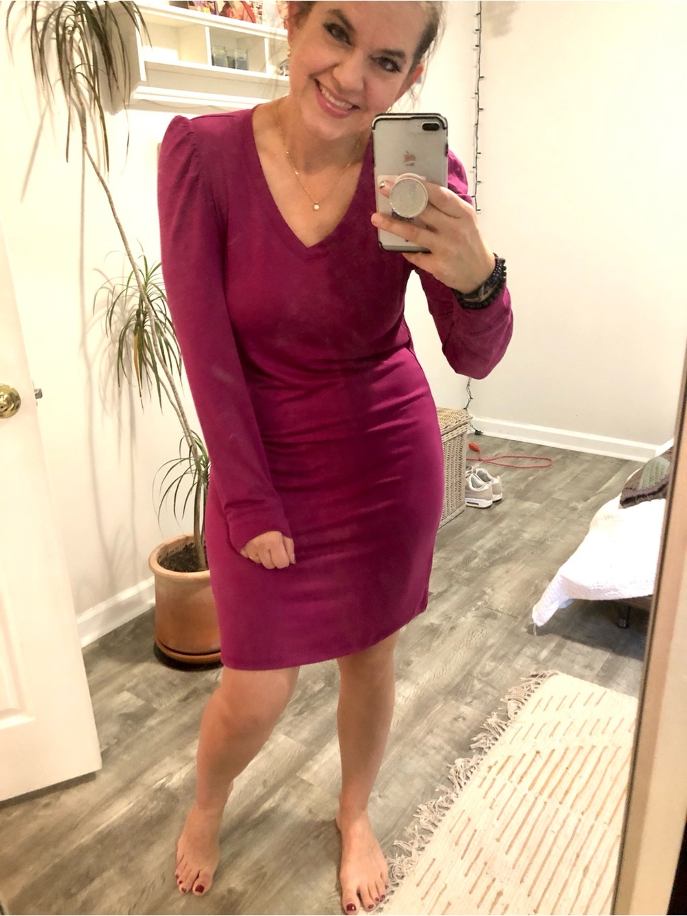 LuLaRoe Long Sleeve V-Neck Dress in Magenta